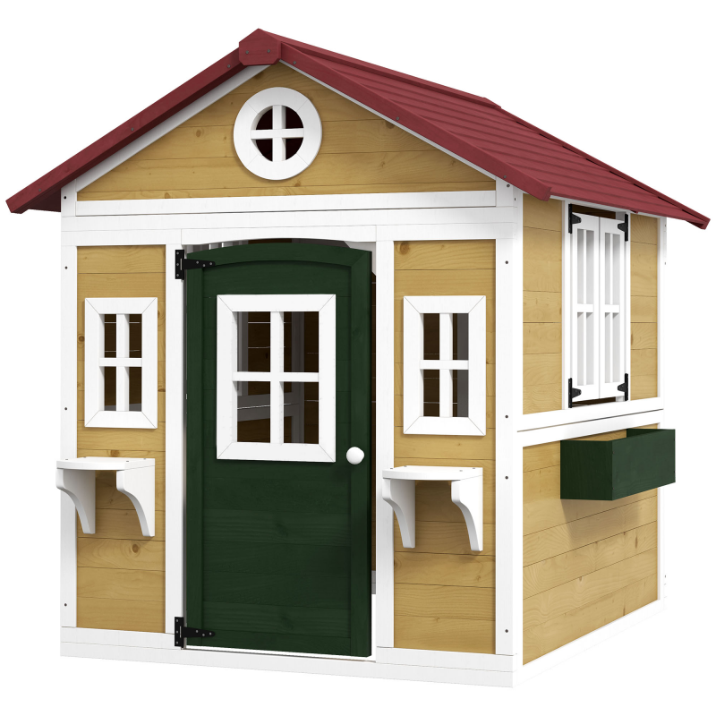 Outsunny Spielhaus für Kinder im Freien, Außenspielhaus für Kinder, mit Tür, Fenstern und Blumenkästen, Gartenhäuschen für Kinder 3-8 Jahre, 114 x 126,4 x 135 cm, beige Aosom – Bild 1 von 2