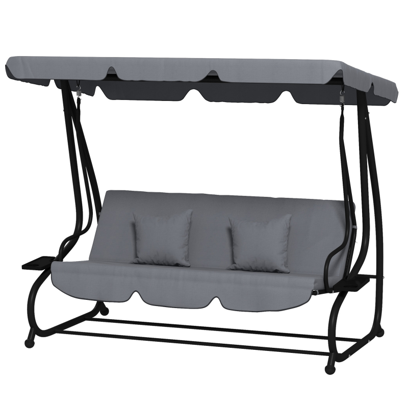 Outsunny Garten-Schaukelbank 3-Sitzer umbaubarer Neigbarer Dach 2 Seitenablagen 2L x 1,2B x 1,64H m Epoxidmetall Schwarz Polyester Dunkelgrau Aosom – Bild 1 von 2