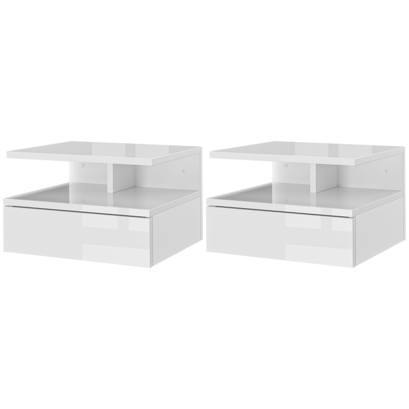 HOMCOM Set aus 2 Schwebenden Nachttischen für Schlafzimmer, Moderne Nachttische mit Schublade und oberem Regal aus Holz, 35x32x22.5cm, Hochglanz Weiß Aosom – Bild 1 von 2