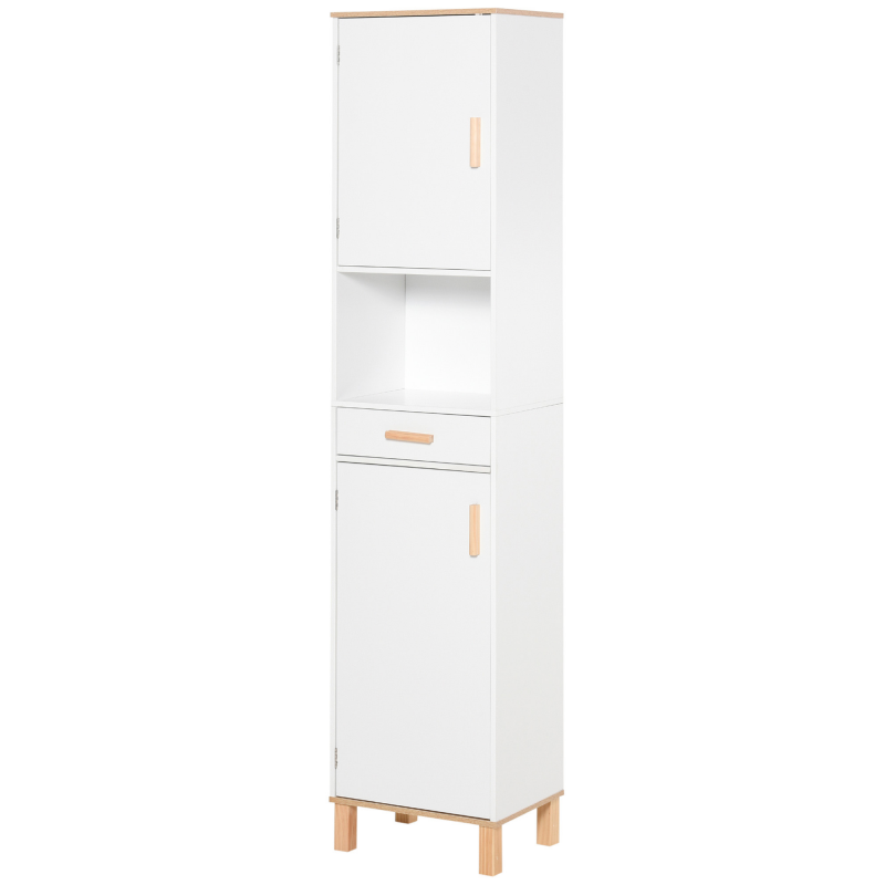 kleankin Badschrank Platzsparend aus Holz, Hochschrank mit Schränken und Schublade, 39x30x180cm, Weiß Aosom – Bild 1 von 2