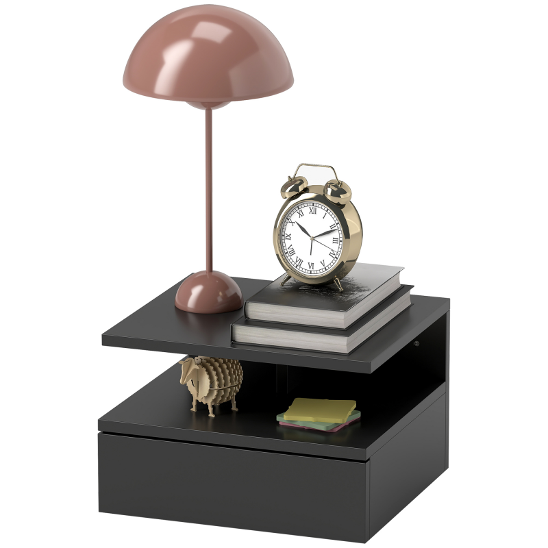 HOMCOM Schwebender Nachttisch für Schlafzimmer, Moderner Nachttisch mit Schublade und oberem Regal aus Holz, 35x32x22,5 cm, Schwarz Aosom – Bild 1 von 2