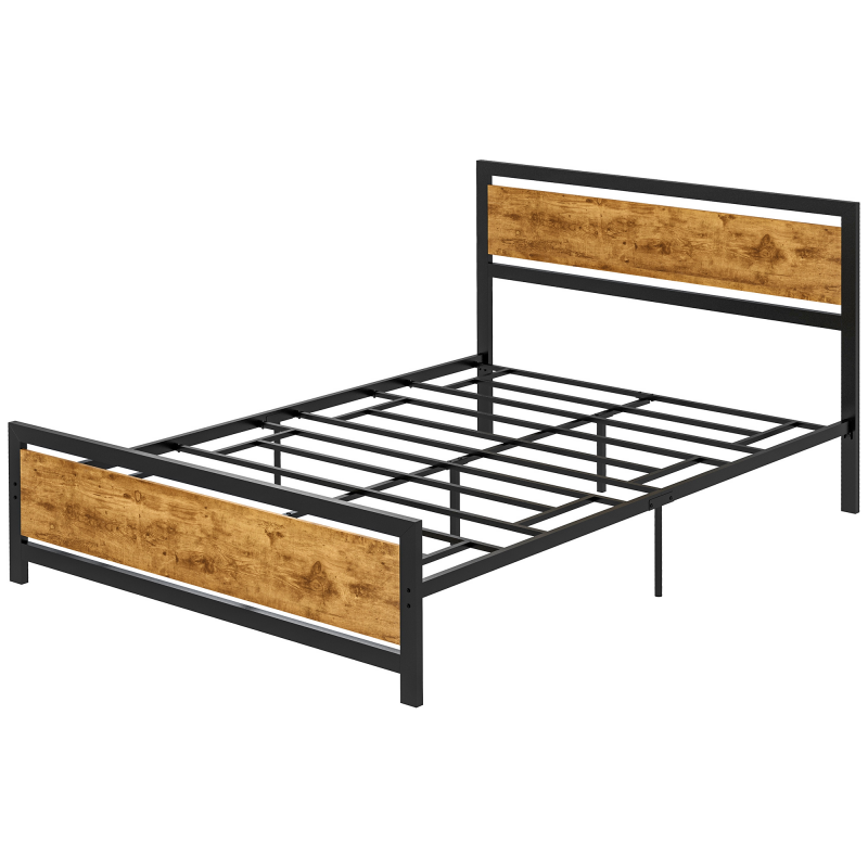 HOMCOM Einzelbettgestell aus Holz und Stahl 147x208x103cm mit integrierten Lattenrosten und Industriedesign Kopf- und Fußteil, Schwarz und Rustikales Braun Aosom – Bild 1 von 2