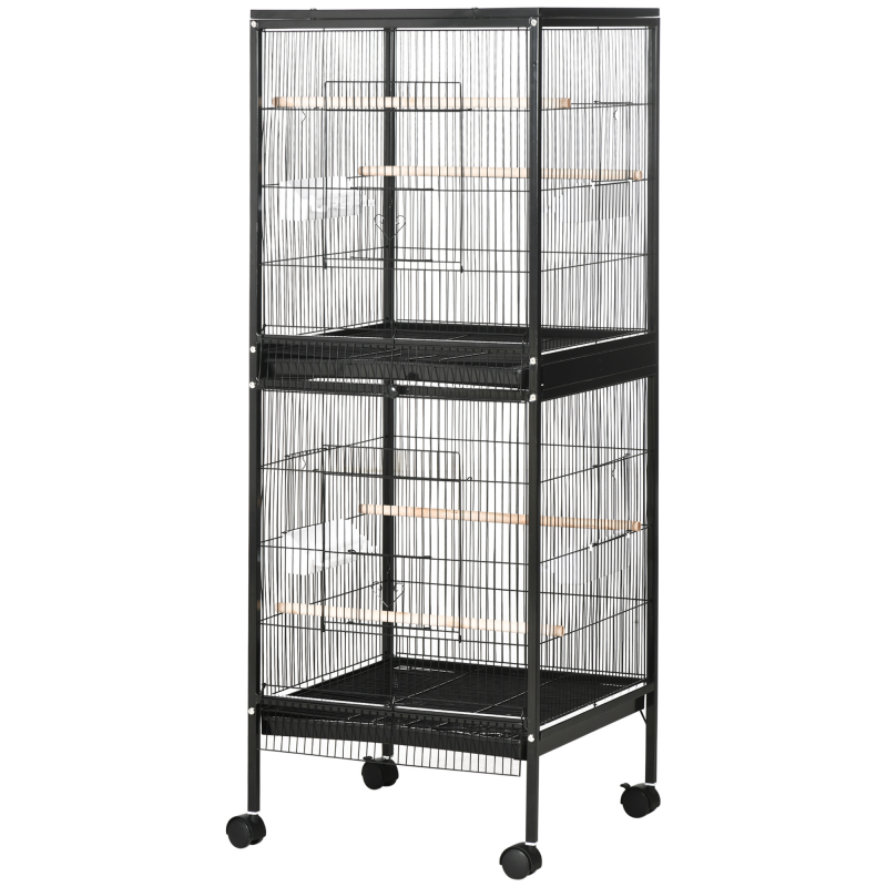 PawHut Vogelkäfig 2 in 1 Voliere für Innenbereich mit 4 Drehbaren Rädern, Herausnehmbaren Schubladen und Kunststoffbehältern, 51,5x50x140 cm, Schwarz Aosom – Bild 1 von 2