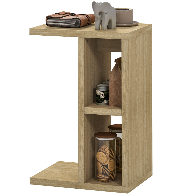 HOMCOM Beistelltisch 3 Ebenen, C-förmig mit 2 offenen Fächern, Couchtisch für Wohnzimmer, Schlafzimmer, 40 x 29,8 x 60 cm, Eiche Aosom – Bild 1 von 2
