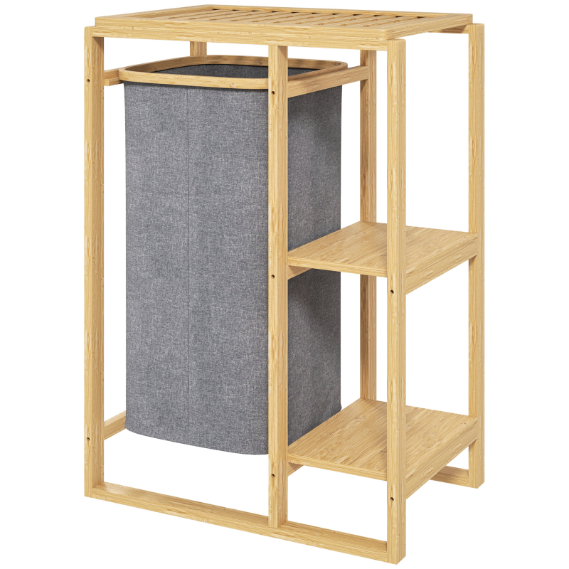 HOMCOM Wäschekorb mit Herausnehmbarem Beutel, Wäschekorb aus Bambus mit Lamellenregalen, 50x32x70 cm, Grau Aosom – Bild 1 von 2