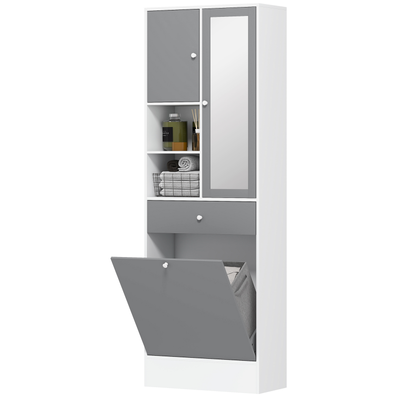 HOMCOM Badezimmerschrank mit Wäschekorb und Spiegeltür, Aufbewahrungsschrank mit Drehtüren, 2 offenen Fächern, Schublade und verstellbarem Regal, 62 x 28,3 x 181 cm, grau und weiß Aosom – Bild 1 von 2