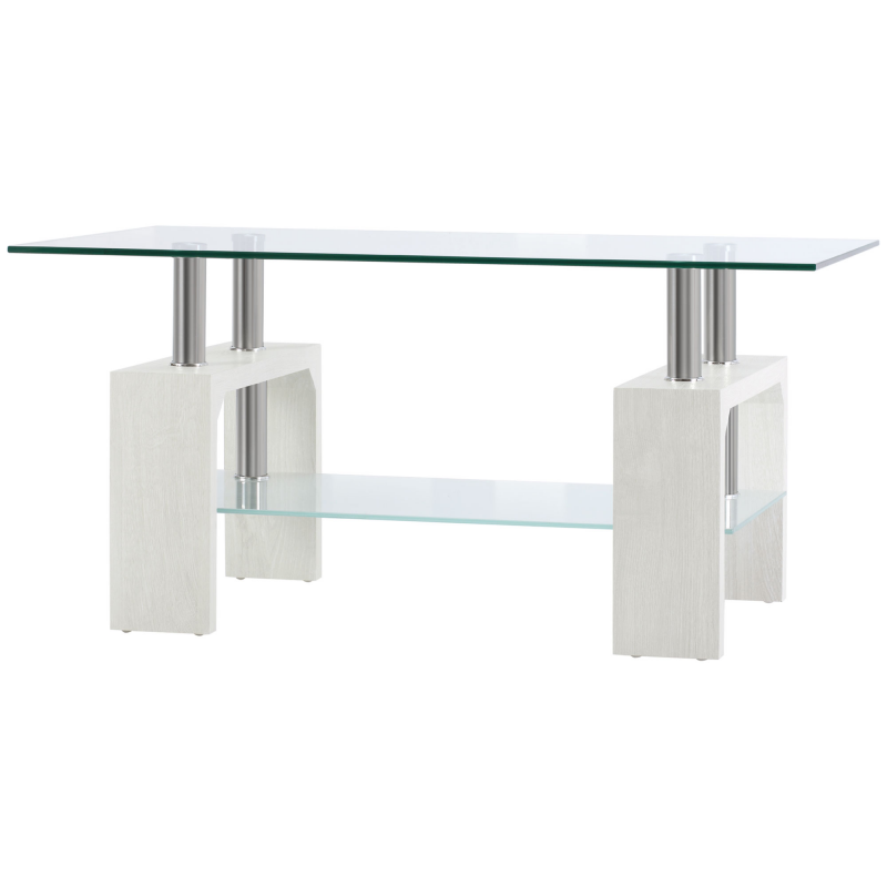 HOMCOM Couchtisch mit 2 Ebenen, Moderner Wohnzimmertisch mit Glasplatte und Holz- und Edelstahlgestell, 90x50x42cm, Weiß Aosom – Bild 1 von 2