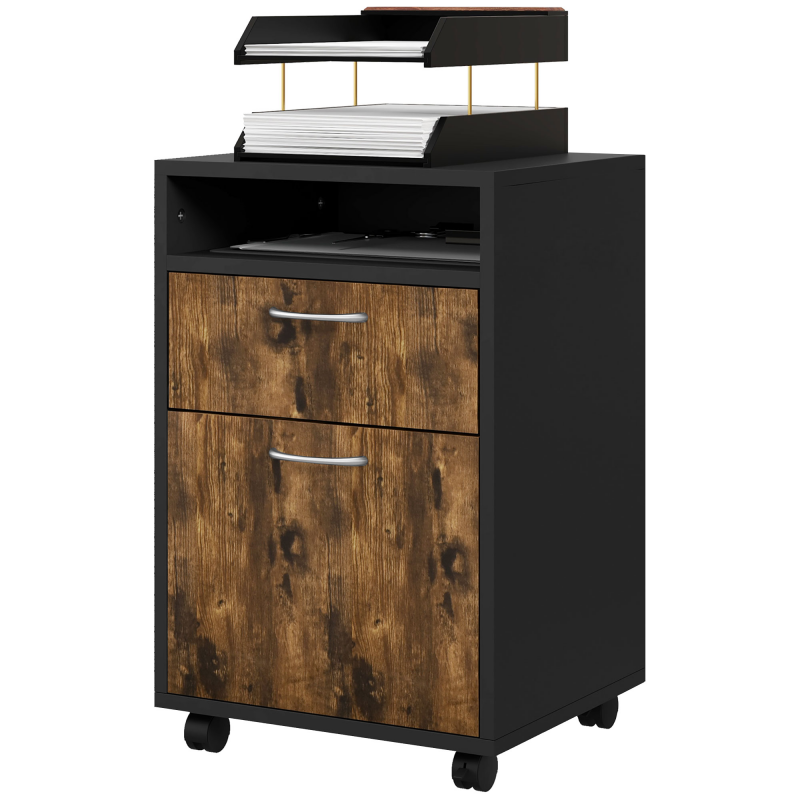 HOMCOM Rollcontainer fürs Büro mit offenem Regal und 2 Schubladen, Büromöbel aus Holz und Metall, 40x35x60 cm, Braun und Schwarz Aosom – Bild 1 von 2