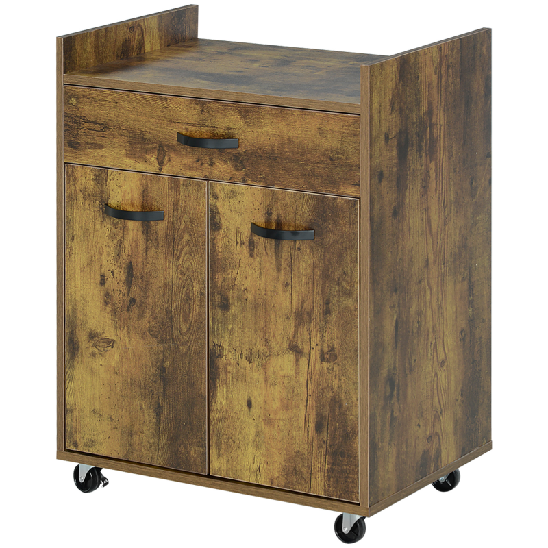 HOMCOM Küchenwagen Servierwagen für Mikrowelle mit Schublade und Schrank, Kücheninsel aus Holz mit 4 Rollen und verstellbarem Regal, 60x40x77 cm, Rustikales Braun Aosom – Bild 1 von 2
