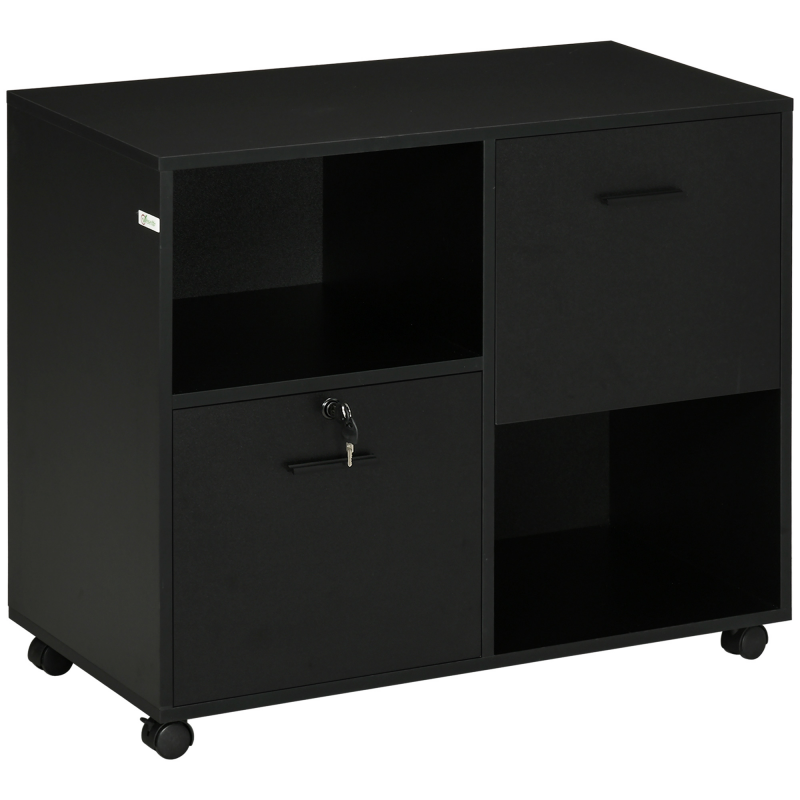 Vinsetto Büroschrank mit 2 Dokumentschubladen und offenen Regalen aus Spanplatte, Griffe aus Stahl, Räder mit Blockierung, 80x40x66cm, Schwarz Aosom – Bild 1 von 2