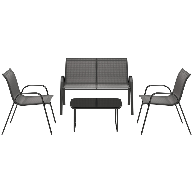 Outsunny 4-teiliges Gartensofa-Set mit Zweisitzer-Sofa, 2 stapelbaren Stühlen und Glastisch, Stahlmöbel-Set, Texteline für Terrasse und Patio, Schwarz Aosom – Bild 1 von 2