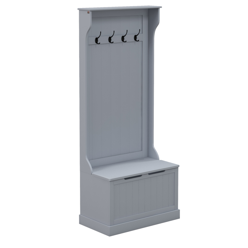 HOMCOM 3-in-1 Garderobenständer mit Schuhbank, Platzsparender Bodengarderobe mit 4 Haken und Sitzbank, aus MDF, für Flur, Schlafzimmer, 71,5x39,5x170 cm, Grau Aosom – Bild 1 von 2