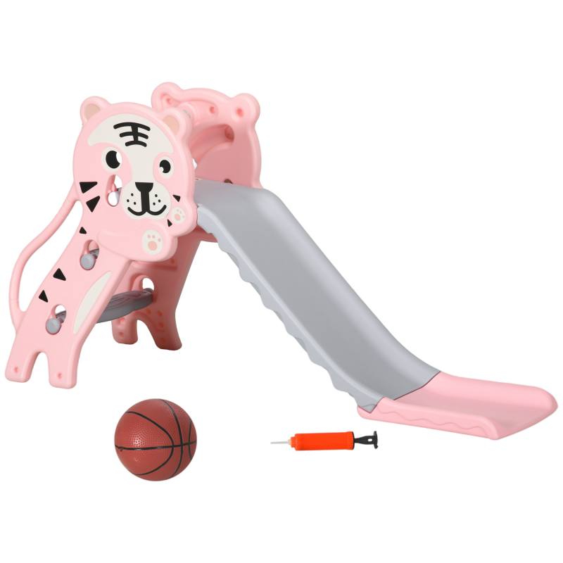 AIYAPLAY Kinder Rutsche 18-36 Monate mit seitlichem Basketballkorb, Kunststoff, 133x60x70 cm, Rosa und Grau Aosom – Bild 1 von 2