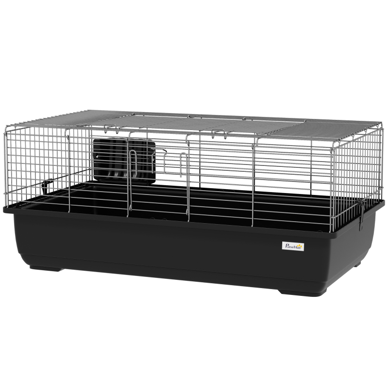 PawHut Kaninchenkäfig mit 2 Öffnungen und herausnehmbarer Schale, Nagetierkäfig aus Metall und PP-Kunststoff, 100x55x41 cm, Schwarz und Silber Aosom – Bild 1 von 2