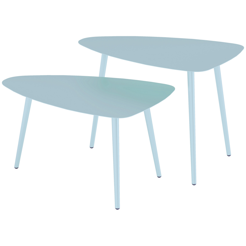 Outsunny Set mit 2 Garten-Couchtischen, nestbare dreieckige Beistelltische, Stahlrahmen, mit verstellbaren Gleitern für Balkon, Terrasse, Garten, hellblau Aosom – Bild 1 von 2