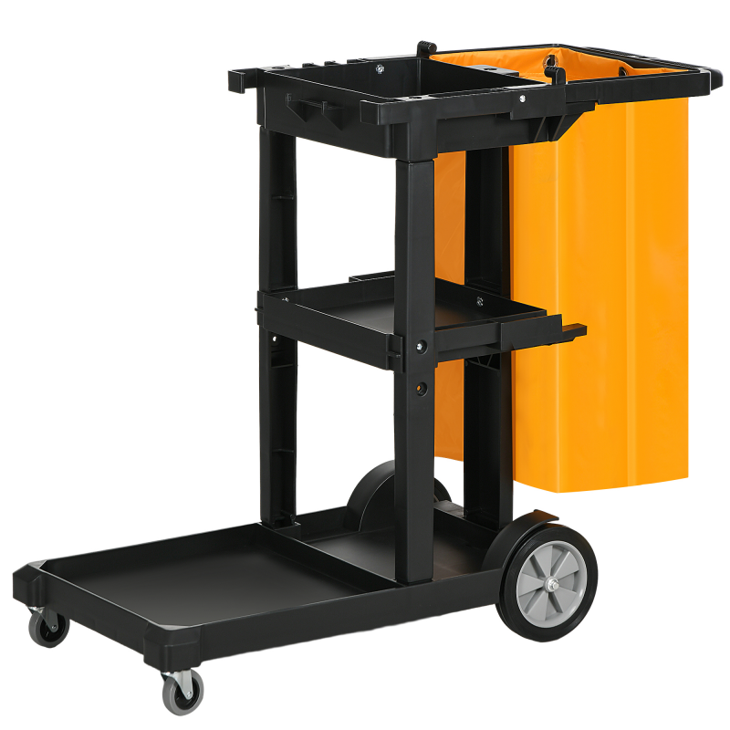 HOMCOM Professioneller Reinigungswagen mit 3 Regalen, Besenhaken und 100L Beutel, Mehrzweckwagen aus Kunststoff für Hotel, Gasthaus und Restaurant, 121x50.5x96.5 cm, Schwarz Aosom – Bild 1 von 2
