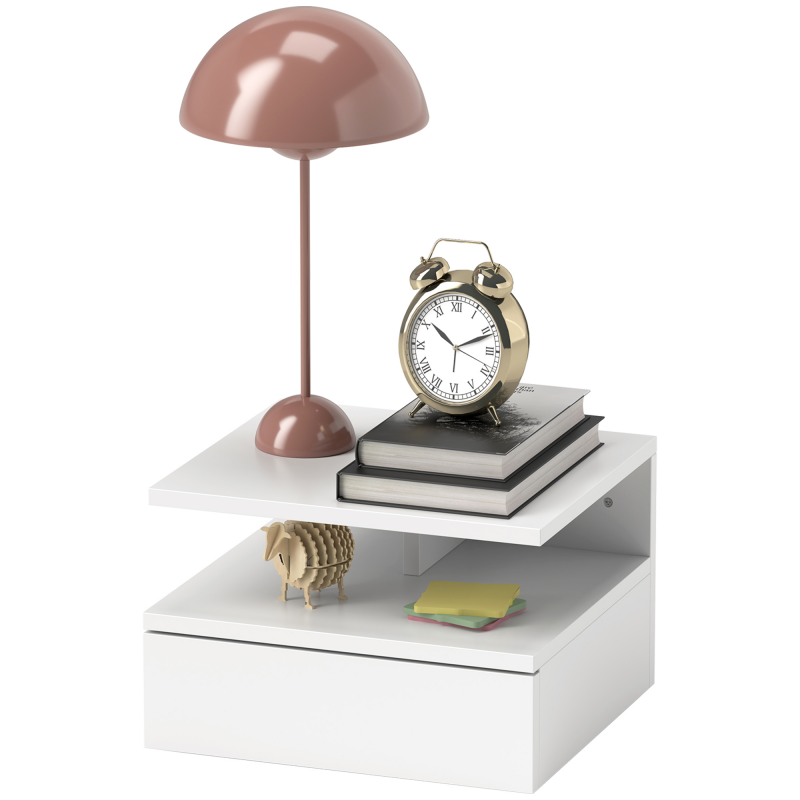 HOMCOM Wand-Aufgehängter Nachttisch für Schlafzimmer, Moderner Nachttisch mit Schublade und Holzoberseite, 35x32x22,5cm, Weiß Aosom – Bild 1 von 2