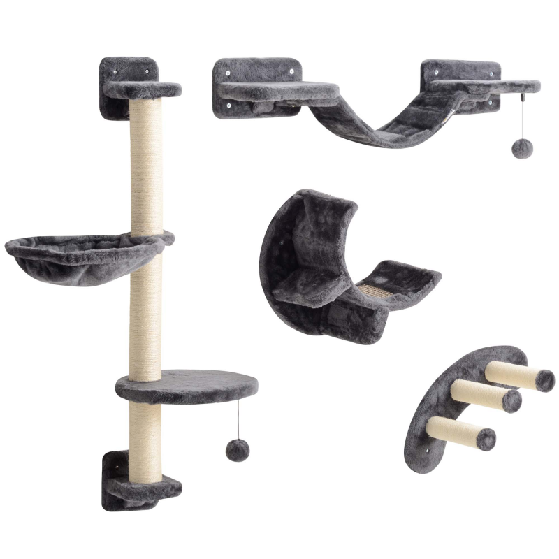 PwaHut Kletterwand Katzen 4-teilig Katzen Kletterwand Set mit Hängematte, Katzenbrücke, Kratzbaum mit Hängeball, Plüsch-Wandkratzbaum, Katzenmöbel bis zu 5 kg, Dunkelgrau Aosom – Bild 1 von 2