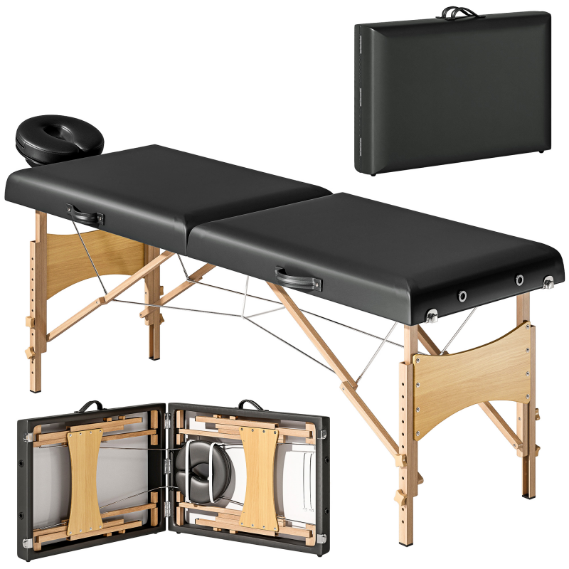 HOMCOM Mobile Massageliege 2 Zonen Klappbar Massagetisch Höhenverstellbar Massagebank 70 cm Breit mit Kopfstütze, Holzfüßen Massagebett Kosmetikliege Schwarz Aosom – Bild 1 von 2