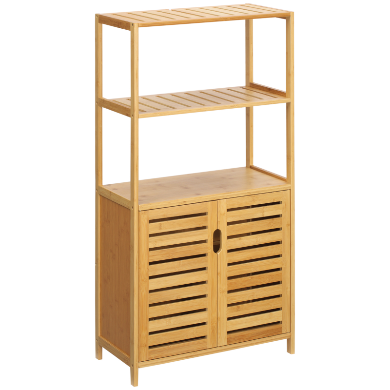 kleankin Badezimmerschrank Bambus Badschrank mit 2 Lamellentüren, 2 offene Fächern & Schrank Hochschrank Beistellschrank schmal Aufbewahrungsschrank für Badezimmer, Wohnzimmer 60x30x120 cm Natur Aosom – Bild 1 von 2