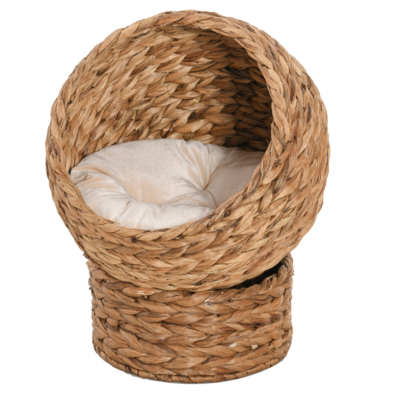 PawHut Rattan Katzenhöhle Katzenbett mit Kissen aus Wasserhyazinthe 50x42x60cm in Hellbraun für gemütliche Rückzugsmöglichkeiten Aosom.de – Bild 1 von 2