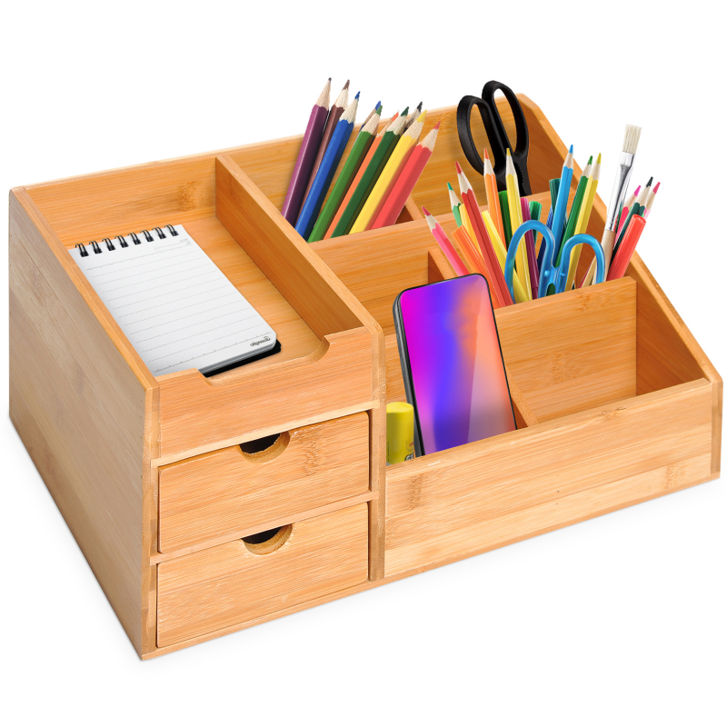 HOMCOM Schreibtischorganizer Büro Aufbewahrungsbox mit 2 Schubladen für Ordnung & Organisation, Natur, L33 x B20,5 x H15,5 cm Aosom.de – Bild 1 von 2