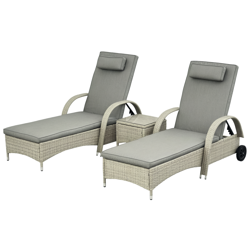 Outsunny Sonnenliege mit Tisch 3er-Set Gartenmöbel Polyrattan Metall Gartenliege Grau für Terrasse & Balkon Aosom.de – Bild 1 von 2