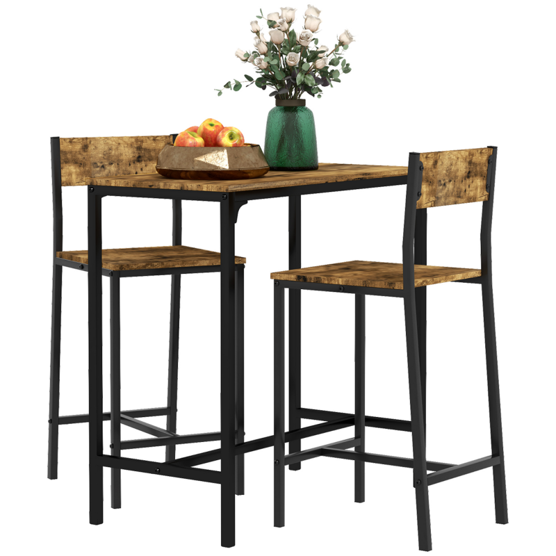 HOMCOM Bartisch Set Bartisch mit Barhocker-Set Esstisch mit 2 Stühlen mit Rückenlehne Küchentisch für Esszimmer, Küche, Rustikal-Braun Aosom – Bild 1 von 2