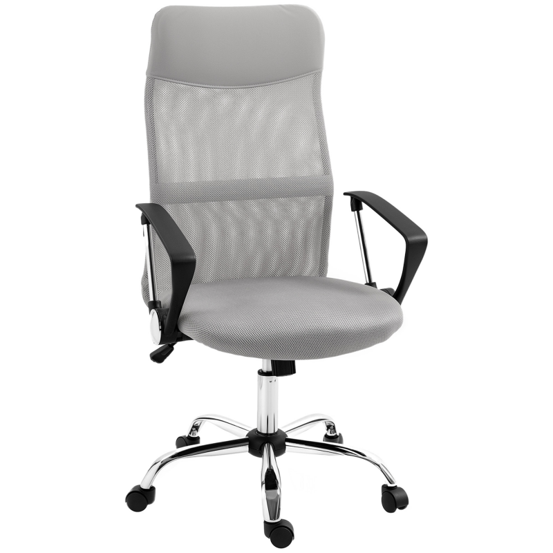 HOMCOM Bürostuhl, Drehbarer und Schaukelbarer Ergonomischer Bürostuhl mit Rollen, Höhenverstellbar und Netz-Rückenlehne, 63x65x109-119 cm, Hellgrau Aosom – Bild 1 von 2