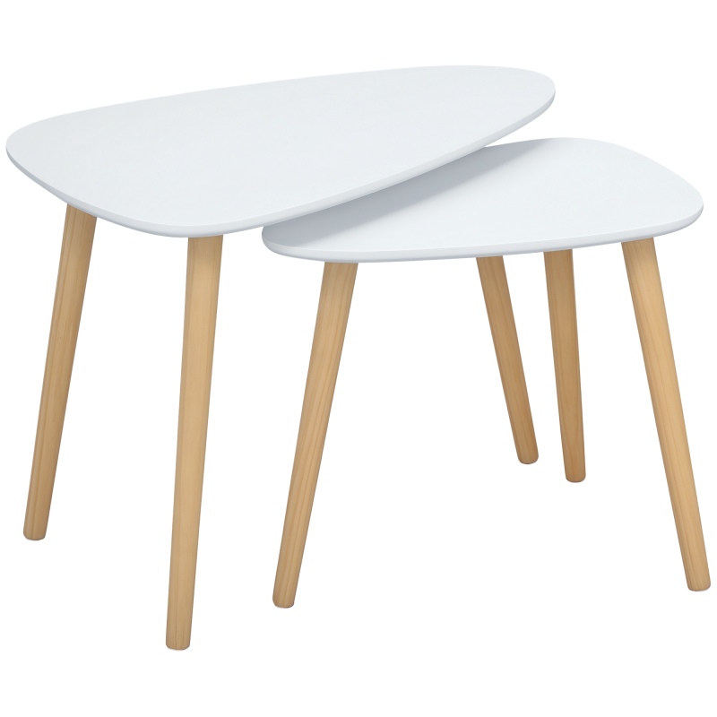 HOMCOM 2er Set Beistelltische, platzsparende Satztische, Couchtische mit Holzbeinen, Sofatische im Skandi-Design Belastbar bis 10 kg Weiß+Natur Aosom – Bild 1 von 2