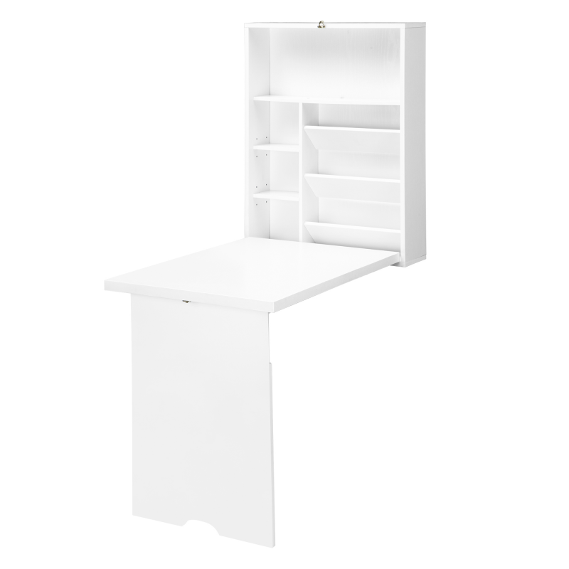 HOMCOM Wandklapptisch mit Regalen, klappbarer Wandtisch, platzsparende Tischplatte ideal für Wohnzimmer, Esszimmer, Home Office, weiß Aosom – Bild 1 von 2