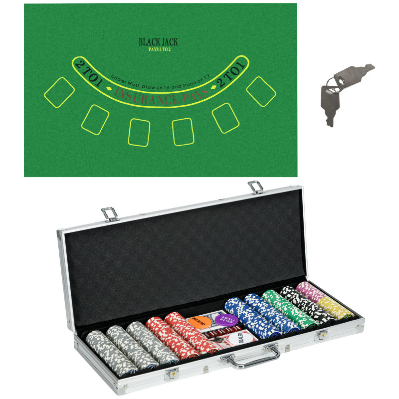 SPORTNOW Pokerkoffer Set, 500 Pokerchips 11,5 Gramm, Pokerset mit Schloss, 2 Pokerdecks, 5 Würfel, 1 Dealer Button, 1 Small Blind,1 Big Blind, Silber Aosom – Bild 1 von 2