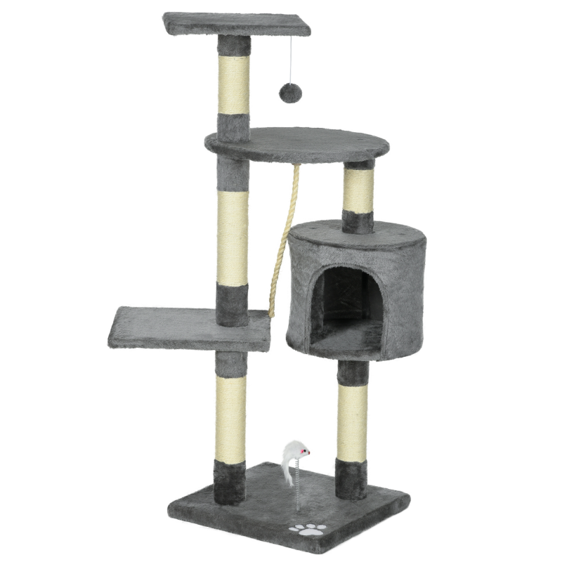 PawHut Kratzbaum für Katzen Höhe 116 cm Katzenturm mit Sisal Kratzpfosten Höhle Plattformen und Lustigen Hängespielzeugen Dunkelgrau Aosom – Bild 1 von 2