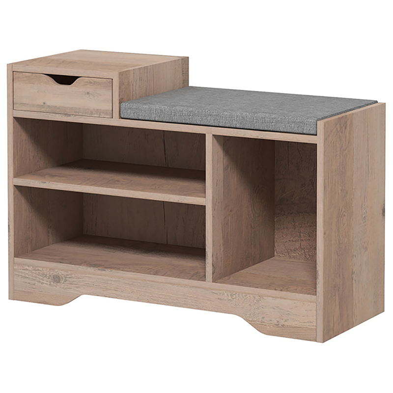 HOMCOM Moderne Schuhschrankbank mit 3 offenen Regalen und Schubladen, Niedriger Schuhschrank aus Spanplatte, Polyester und Schwamm, 76,5x30x52 cm, Grau Aosom – Bild 1 von 2