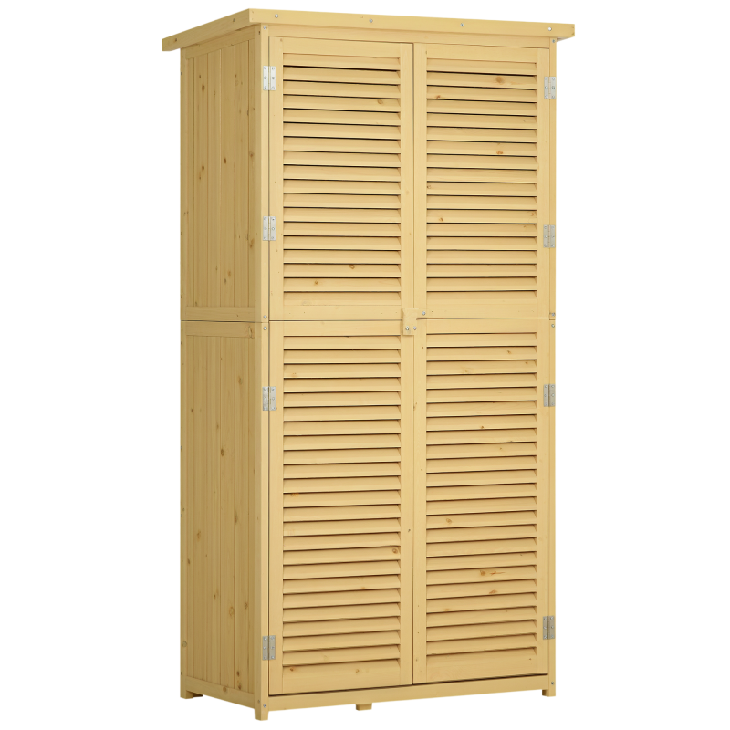 Outsunny Geräteschuppen Holz Gerätehaus mit Asphaltdach und Lamellentür, 4 Fächer, Natur, kompakt 87x46,5x160cm für Garten & Aufbewahrung Aosom.de – Bild 1 von 2