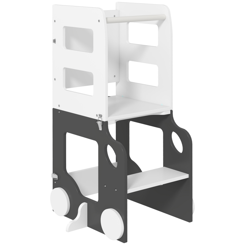 AIYAPLAY Montessori-Leiter 4 in 1 Faltbar für Kinder 3-6 Jahre mit 2 Tafeln und Tisch- und Stuhlset, Auto-förmige Montessori-Turm aus MDF und Kiefernholz, 58x46x92 cm, Weiß Aosom – Bild 1 von 2