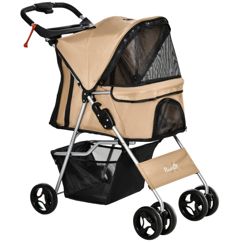 PawHut Faltbarer Hundewagen für kleine Hunde, Hundekinderwagen mit Bremse, Getränkehalter, Aufbewahrungskorb, 3 Fenstern und 360° Vorderrädern, Für Haustiere bis 10 kg, Braun Aosom – Bild 1 von 2