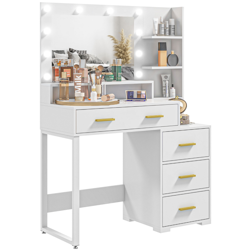 HOMCOM Schminktisch mit Spiegel und 9 LED-Lichtern, moderner Make-up-Tisch - 4 Schubladen und 6 offene Fächer, Schminktisch für Schlafzimmer, Ankleidezimmer, 100 x 40 x 138 cm, weiß Aosom – Bild 1 von 2