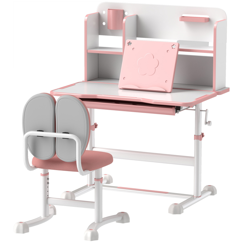 AIYAPLAY Set Schreibtisch und Stuhl für Kinder 3-12 Jahre Höhenverstellbar, Schulbank mit 45° Neigbarem Tisch, Schublade, Bücherregal, Stifthalter und Buchstütze, aus Stahl und MDF, Rosa Aosom – Bild 1 von 2