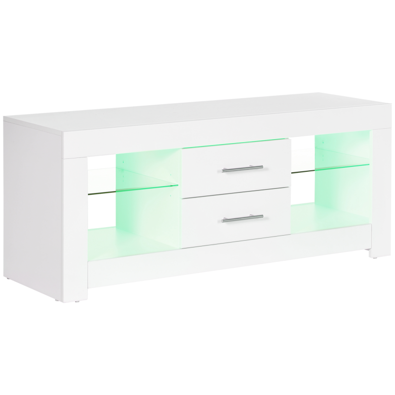 HOMCOM TV-Schrank 55" mit LED-Lichtern in 12 Farben und Fernbedienung, Wohnzimmertisch aus Holz mit Glasregalen 120x40x50cm, Weiß Aosom – Bild 1 von 2