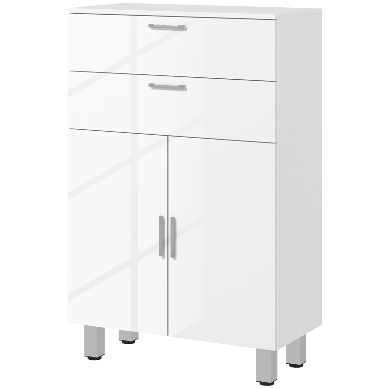 Kleankin Badezimmerschrank, Aufbewahrungsschrank mit 2 Schubladen, Doppelschranktür, verstellbaren Regalen und erhöhter Basis, Badezimmerschrank, Wohnzimmer, Schlafzimmer, 60x30x93cm, weiß glänzend Aosom – Bild 1 von 2