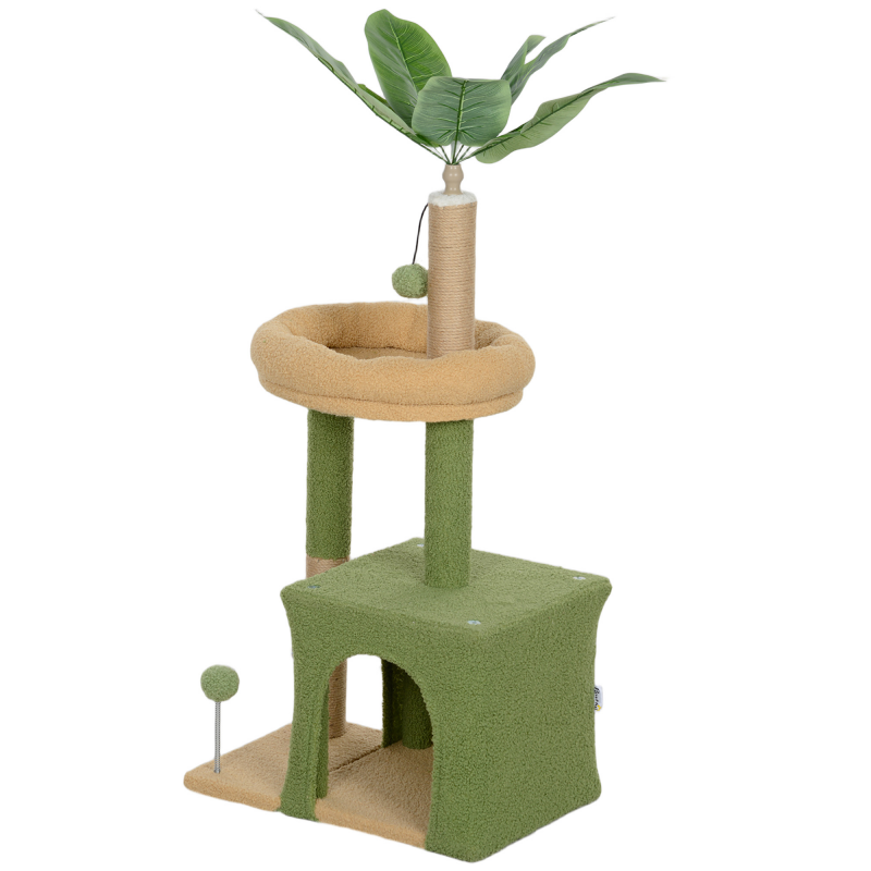 PawHut Kratzbaum, Katzenspielzeug, 98 cm, mit Höhle, Bett, Kratzbretter, 2 Spielbällen und künstlichen Blättern, grün Aosom – Bild 1 von 2