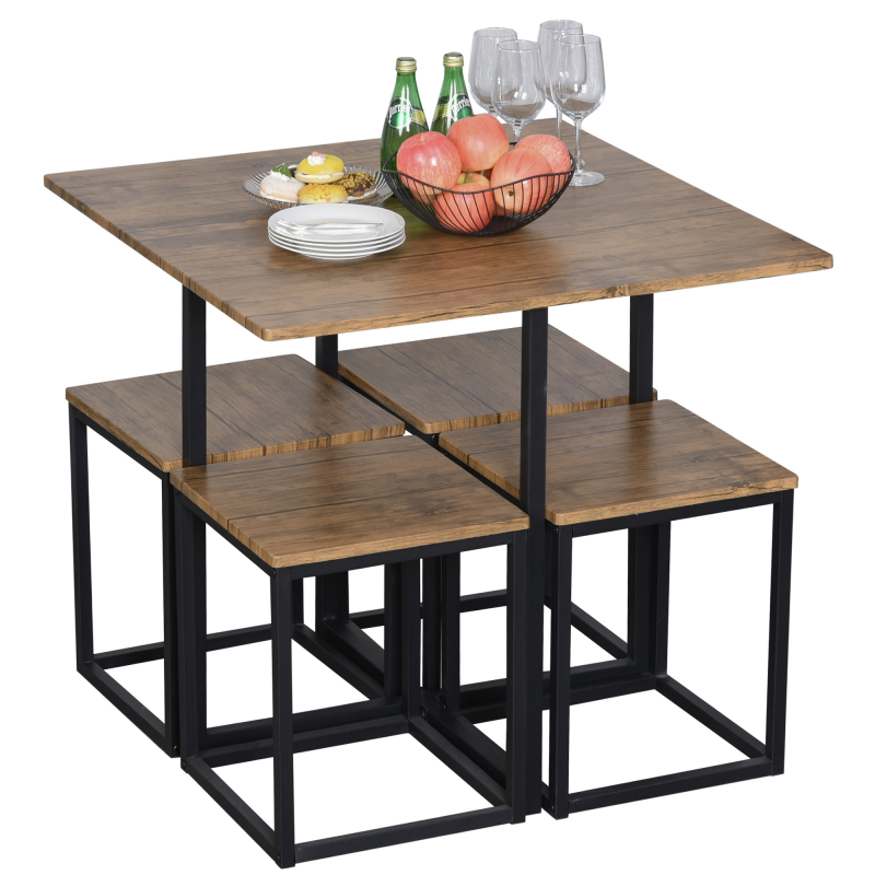 HOMCOM Set 5-teilig Esstisch mit 4 Hockern im industriellen Stil für die Küche, platzsparende Möbel für Zuhause oder Restaurant aus Holz und Metall, Schwarz und Holzfarbe Aosom – Bild 1 von 2