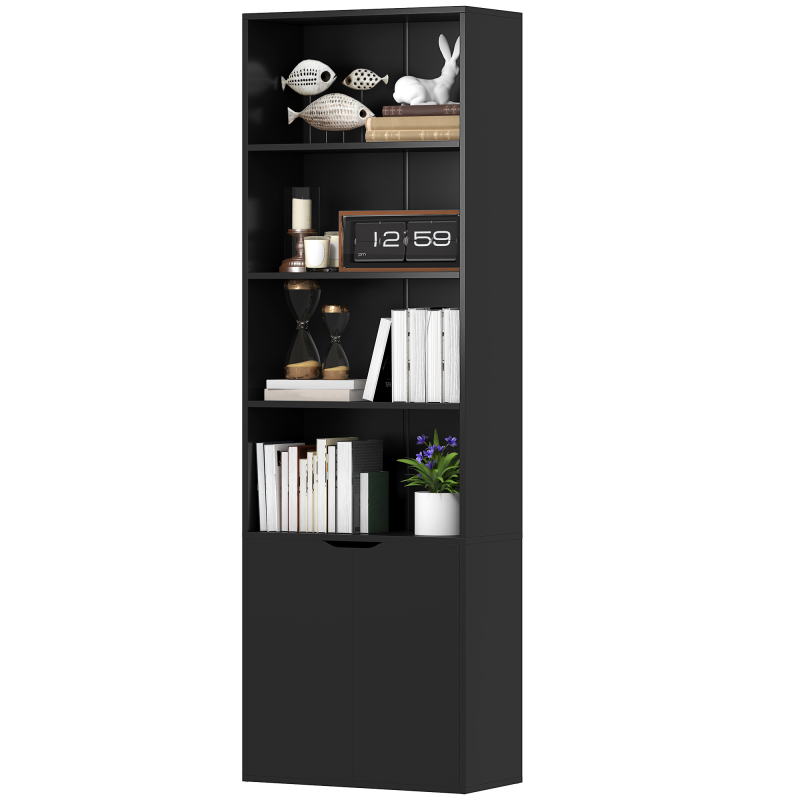 HOMCOM Bücherregal Aufbewahrungsregal Bücherregal mit 4 offenen Fächern und 2 Türen, Aufbewahrungsregal für Wohnzimmer, Schlafzimmer, Büro, 59 x 29 x 180 cm, Schwarz Aosom – Bild 1 von 2