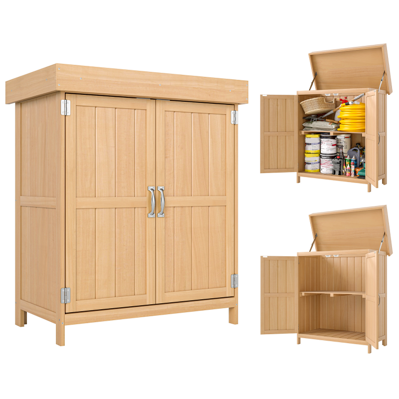 Outsunny Gartenschrank Geräteschrank mit Doppeltür, 2 Fächer, wetterfest, Tannenholz, Natur, 74x43x88cm Aosom – Bild 1 von 2
