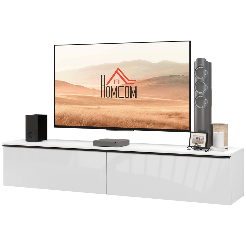 HOMCOM Wand-TV-Möbel, TV-Wandhalterung aus Holz, schwebendes TV-Bank für Fernseher bis 70 Zoll mit glänzender Effekttür, für Wohnzimmer-Schlafzimmer, 160 x 35 x 30 cm, Weiß Aosom – Bild 1 von 2