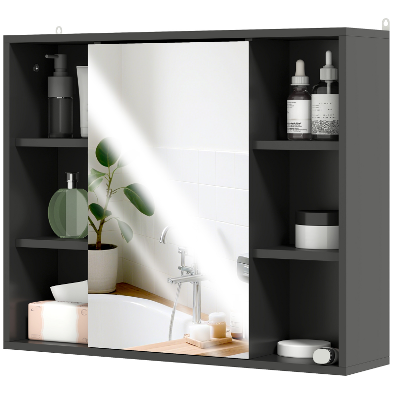 HOMCOM Wandspiegel, Badezimmerschrank mit Spiegel, Badezimmerspiegel mit Aufbewahrung, Schrank mit Türen und 6 offenen Fächern, 60 x 14,5 x 49,4 cm, Schwarz Aosom – Bild 1 von 2