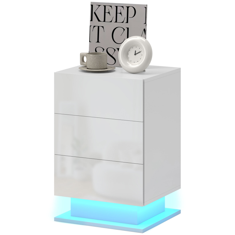 HOMCOM Nachttisch Modern mit LED-Licht und 3 Schubladen, Einstellbare Farblichter mit Fernbedienung, Beistelltisch und Couchtisch, 40x35x60 cm, Glänzendes Weiß Aosom – Bild 1 von 2