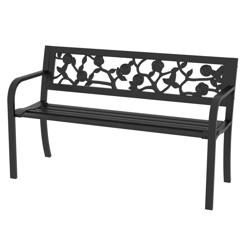 Outsunny Gartenbank aus Stahl, 2-Sitzer Gartenbank mit verzierter Rückenlehne und Armlehnen, 127x50x75cm, Schwarz Aosom – Bild 1 von 2