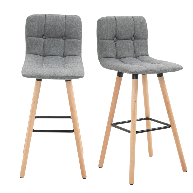 HOMCOM Set 2 Barhocker mit Rückenlehne und Fußstütze, Gepolsterter Stoffsitz und Holzbeine, 41,5x47x97,5, Grau Aosom – Bild 1 von 2